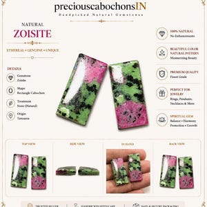 Op de afbeelding: Twee rechthoekige zoisiet cabochons met een gepolijst oppervlak en een gevlekt patroon van levendig roze, lichtgroene en zwarte insluitingen. De stenen worden getoond in een productafbeelding met tekstlabels die hun natuurlijke oorsprong beschrijven.