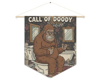 Call of Doody Sasquatch on Toilet Pennant | Funny Retro Bathroom Wall Banner