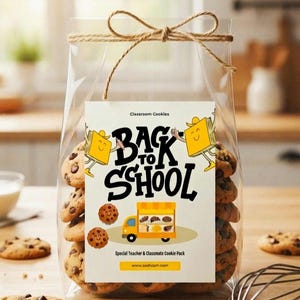 May include: A clear plastic bag filled with chocolate chip cookies, tied at the top with brown twine. A white label features the text Back to School, Classroom Cookies, and Special Teacher & Classmate Cookie Pack, with illustrations of books and a bus.