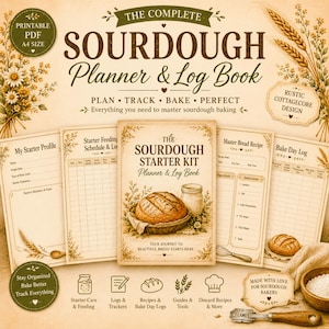 Könnte beinhalten: Ein druckbarer A4-PDF-Sauerteig-Planer und Logbuch mit einem zentralen Deckblatt mit Brotillustration, umgeben von verschiedenen Tracking-Seiten wie Sauerteig-Profilen, Fütterungsplänen, Rezepten und Back-Tagebüchern mit Weizenmotiven.