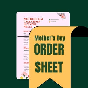 May include: A Mother's Day cake order sheet with a pink background and floral accents. The sheet includes sections for basic information, cake customization services, and duration details. A yellow banner displays "Mother's Day ORDER SHEET" in bold green letters.