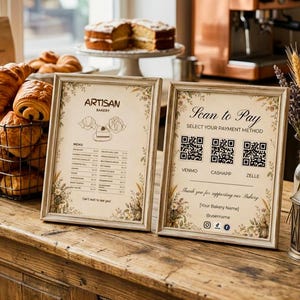 Può includere: Due cornici rettangolari in legno con insegne stampate per una panetteria. L'insegna a sinistra elenca il menu e i prezzi, mentre quella a destra presenta tre codici QR per i pagamenti Venmo, CashApp e Zelle, con icone dei social media.