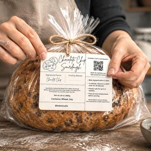 Chocolate Chip Cottage Food Label Sourdough Bread, Elegant Bakery Labels With QR Code Sign, Printable Bread Care Card Sticker,Canva Template