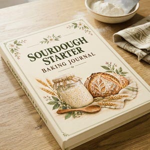 Op de afbeelding: Een Sourdough Starter Baking Journal met een crèmekleurige harde kaft, voorzien van bloemillustraties, een glazen pot met desem, een brood en een houten lepel. De tekst SOURDOUGH STARTER BAKING JOURNAL staat op de voorzijde gedrukt.