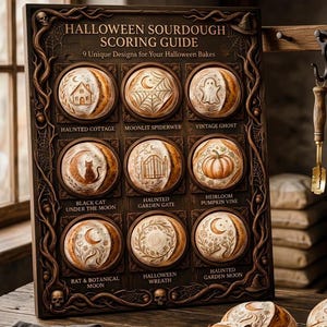 Può includere: Un cartello in legno scuro con guida alla decorazione del pane a lievitazione naturale di Halloween, con nove disegni circolari etichettati Haunted Cottage, Moonlit Spiderweb, Vintage Ghost, Black Cat Under The Moon, Haunted Garden Gate, Heirloom Pumpkin Vine, Bat & Botanical Moon e Halloween Wreath.