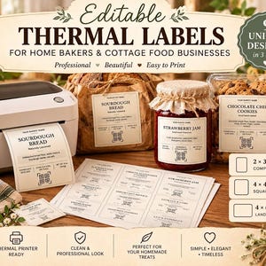May include: Editable thermal labels for home bakers and cottage food businesses, featuring 9 unique designs in 3 sizes: 2x3 inch compact, 4x4 inch square, and 4x6 inch landscape. Includes a thermal printer, labeled bread, jam, and cookies.