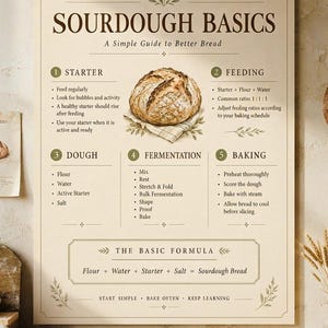 Può includere: Un poster da parete rettangolare intitolato SOURDOUGH BASICS A Simple Guide to Better Bread. Presenta un'illustrazione centrale di una pagnotta rotonda, circondata da cinque passaggi numerati per la cottura e una sezione THE BASIC FORMULA.