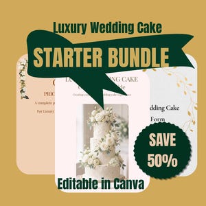 Pode incluir: Imagem promocional para um pacote inicial de bolo de casamento de luxo. A imagem apresenta um bolo branco de três camadas adornado com flores brancas. O texto inclui "Luxury Wedding Cake STARTER BUNDLE" e "SAVE 50%", com o texto "Editable in Canva".