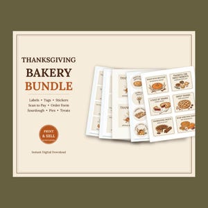 Etiketter för hembageri, etiketter för surdegsbröd till Thanksgiving, etiketter för godis, bagerimeny och prislista, skylt för att skanna och betala, utskrivbart paket