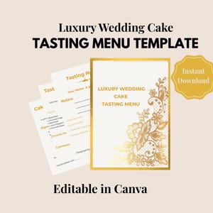 Può includere: Un modello di menu di degustazione di torte nuziali con un design floreale dorato. Il menu include spazio per note e dettagli sui sapori. Le parole "Luxury Wedding Cake Tasting Menu Template" sono in alto.