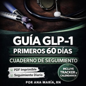 Peut inclure: Une image à thème médical avec un stéthoscope et des seringues. Le texte indique "GUÍA GLP-1 PRIMEROS 60 DÍAS CUADERNO DE SEGUIMIENTO" avec du texte supplémentaire indiquant un PDF imprimable, un suivi quotidien, un tracker et un calendrier. Le nom de l'auteur est également inclus.