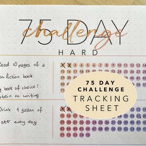 May include: A 75-day challenge tracking sheet with a pink and purple color scheme. The sheet has a grid of numbers from 1 to 75. The text "75 Day Challenge Tracking Sheet" is written in a white oval on top of the grid. The sheet is designed to help people track their progress on a 75-day challenge.