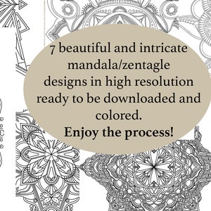 7 intricate and detailed mandala / zentangle / coloring pages for mindfullness and creativity