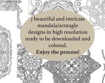 7 intricate and detailed mandala / zentangle / coloring pages for mindfullness and creativity