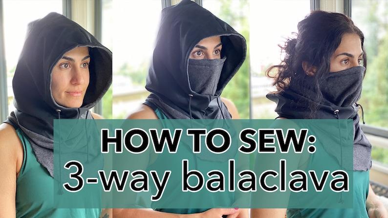Puede incluir: C&oacute;mo coser una balaclava de 3 v&iacute;as. Una mujer demuestra c&oacute;mo usar una balaclava con capucha negra de tres maneras diferentes. La balaclava se puede usar como capucha, m&aacute;scara facial o pasamonta&ntilde;as.