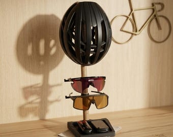 Cycling Gear Desk Organizer: Helmet stand, holder for sunglasses and bike computer | Gift for Cyclists