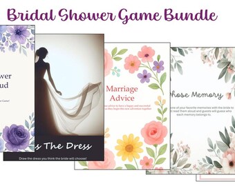 May include: A bridal shower game bundle featuring several games. The games include "Bridal Shower Family Feud", "Guess The Dress", "Marriage Advice", "Whose Memory", and "Bridal Bingo". Each game has a floral design with purple, pink, and yellow flowers.