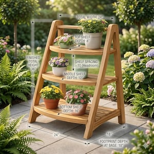 Puede incluir: Un estante de madera para plantas con tres estantes, cada uno con flores en macetas. El soporte mide 91 cm de alto, 61 cm de ancho y tiene una profundidad de base de 46 cm. La profundidad del estante superior es de 20 cm, la del estante medio es de 30 cm y la del estante inferior es de 41 cm.