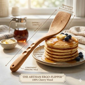 May include: A wooden spatula, approximately 31 cm long, with an ergonomic grip and a hanging hole. The spatula is made of 100% cherry wood. The head width is about 8 cm. The text on the image reads: "THE ARTISAN ERGO-FLIPPER™".