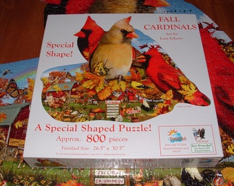 COMPLETE - SunsOut 800 Pc. SHAPED Jigsaw Puzzle - "Fall Cardinals"