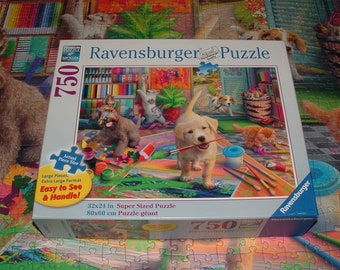 COMPLETE - Lg. Pc. Ravensburger 750 Pc. Jigsaw Puzzle - Cats & Dogs, Art Room