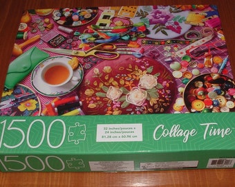 MB 1500 Pc. Jigsaw Puzzle - "Collage Time" Sewing, Embroidery, Buttons, Notions