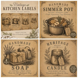 May include: A collection of four vintage-style kitchen labels featuring sepia-toned illustrations of soap, a simmer pot, and a candle. The designs include decorative borders, botanical accents, and text such as Handmade Soap, Simmer Pot, and Heritage Brand Candle.