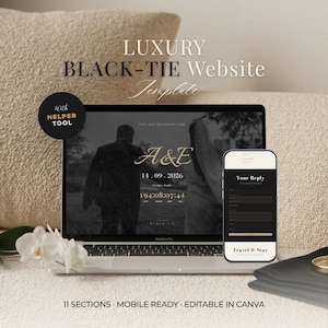 Puede incluir: Un ordenador portátil y un smartphone con una plantilla de sitio web de lujo black-tie. La pantalla muestra un tema de boda con el texto A&E, 14.09.2026 y un temporizador de cuenta atrás. El móvil muestra un formulario. Texto: LUXURY BLACK-TIE Website Template.