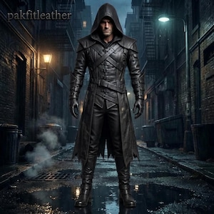 Men's Black Hooded Leather Coat, Gothic Assassin Warrior Jacket, Medieval Long Leather Coat, Fantasy Cosplay LARP Costume
