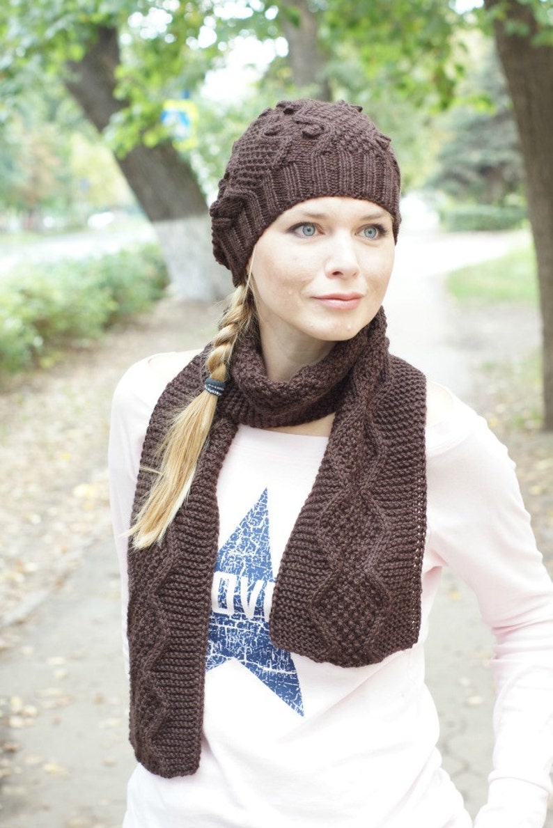 Brown knit hat and scarf hand knitted scarf and beret sets Etsy