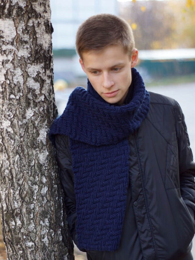Hand knit Men's dark blue Scarf for him winter Etsy