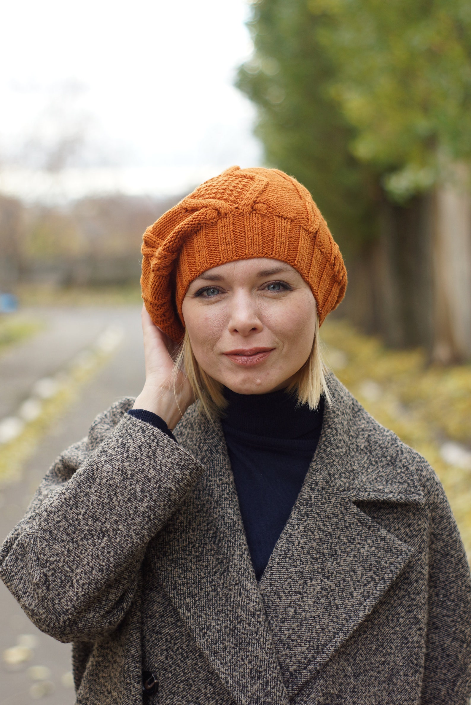 Handmade Wool Knit Beret for Women Orange Cable Beret | Etsy