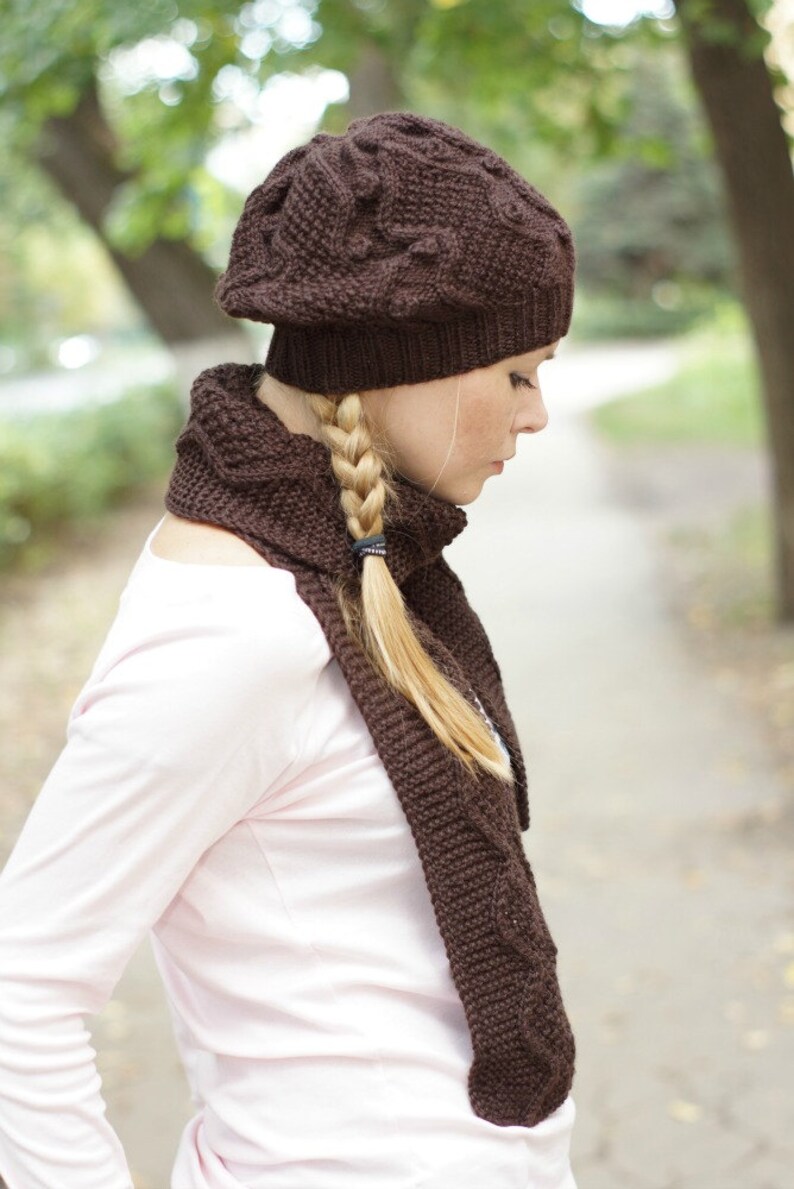 Brown knit hat and scarf hand knitted scarf and beret sets Etsy