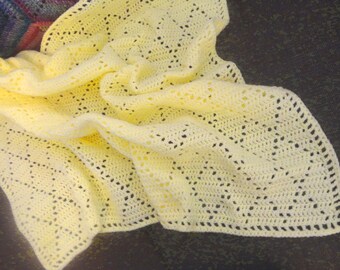 Crochet Baby Blanket: Yellow Diamond Filet Pattern, Handmade Acrylic Afghan