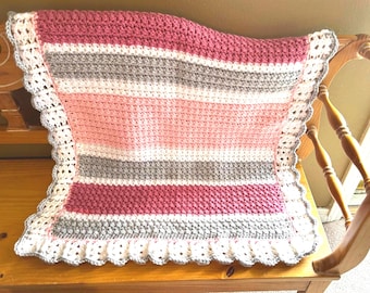 Handmade Crochet Baby Blanket: Pink, Rose, Gray, & White Heirloom Afghan