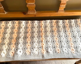 Crochet Baby Blanket: Peach, Gray & White Petal Stitch Afghan