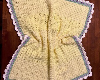 Handmade Crochet Baby Blanket: Yellow, Green, Rose, & Cream Heirloom Afghan