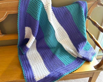 Handmade Crochet Baby Blanket: Aqua, Purple & White Heirloom Afghan
