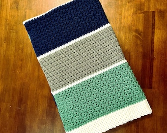 Handmade Crochet Baby Blanket: Blue Gray Green Heirloom Afghan