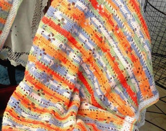 Crochet Baby Blanket: Orange, Blue & White Heirloom Afghan