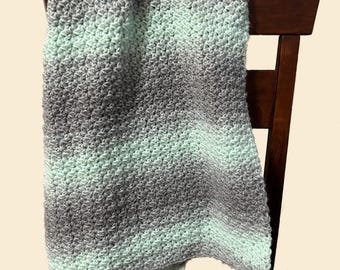 Crochet Baby Blanket: Mint & Silver Stripe, Soft Wool Blend