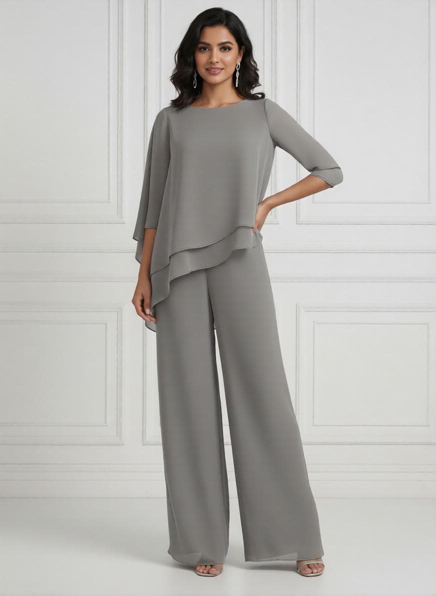 flowy dress pants for wedding 2026 Wedding Pantsuits Chic Women's Appliques Scoop Neck Long Sleeves Backless Formal Wedding Guest Gowns with Flowers, Ivory main image 0