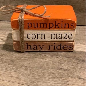 Puede incluir: Una pila de tres bloques de madera rectangulares atados con cuerda marrón. El bloque superior es naranja con la palabra pumpkins, el bloque central es blanco con el texto corn maze y el bloque inferior es marrón claro con el texto hay rides.