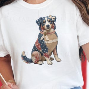 May include: White t-shirt featuring a DTG printed design of a dog in a patchwork pattern. The dog is wearing a collar with a bow. The words "Faux Patchwork" and "DTG Printed" are at the top of the image. The background has red, white, and blue stripes.