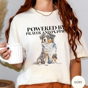 Christian Mini Aussie Shirt Powered by Prayer & Puppies, Australian Shepherd Graphic T-shirt, Faith Puppy Lover Tee, Religious Dog Mom Gift
