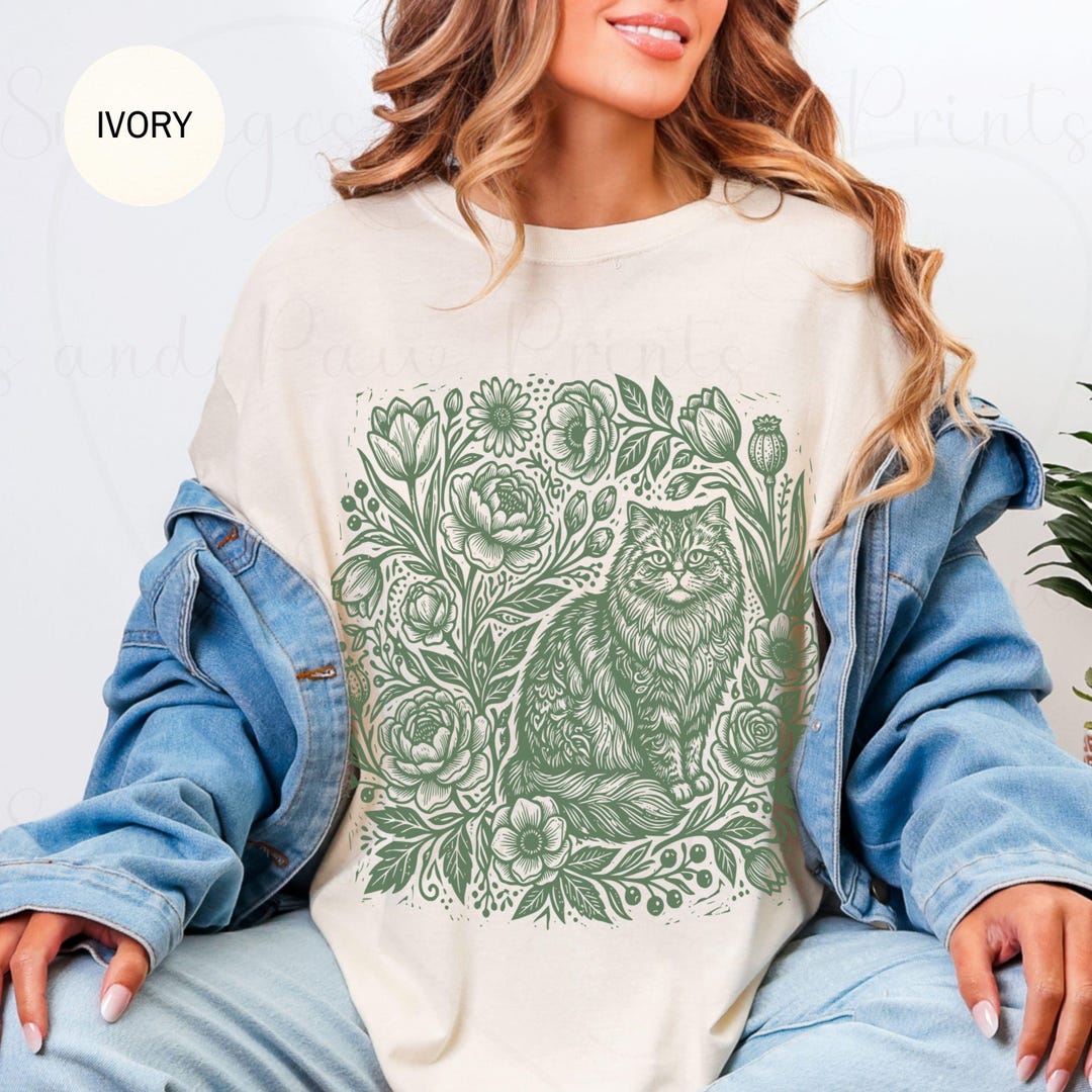 Vintage Persian Cat Floral Linocut Shirt, Botanical Cat Lover Tee ...