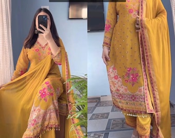 Pure Muslin Embroidered Kurta Pant With Designer Dupatta Suit Eid Special Outfits for women Readymade Indian Salwar Kameez 3 Pic Big Plus