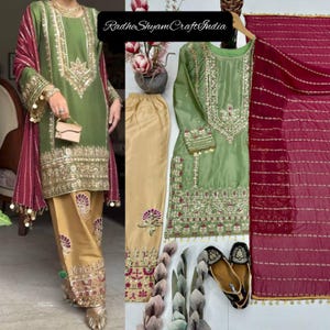 May include: A three-piece outfit featuring a sage green long-sleeved tunic with gold embroidery, beige wide-leg trousers with floral embroidery, and a maroon dupatta with gold stripes. The text RadheShyamCraftIndia is visible in the image.