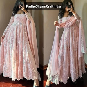 Bollywood Style Long Flared Fox Georgette Anarkali Gown With Heavy Sequence Work And Dupatta Suit Eid Special Outfits For Her