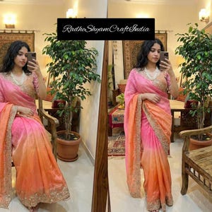 Trending Embroidery Sequence work ready to wear saree with Blouse Wedding Special Satin Sari For Her , Readymade customized Blouse Fancy